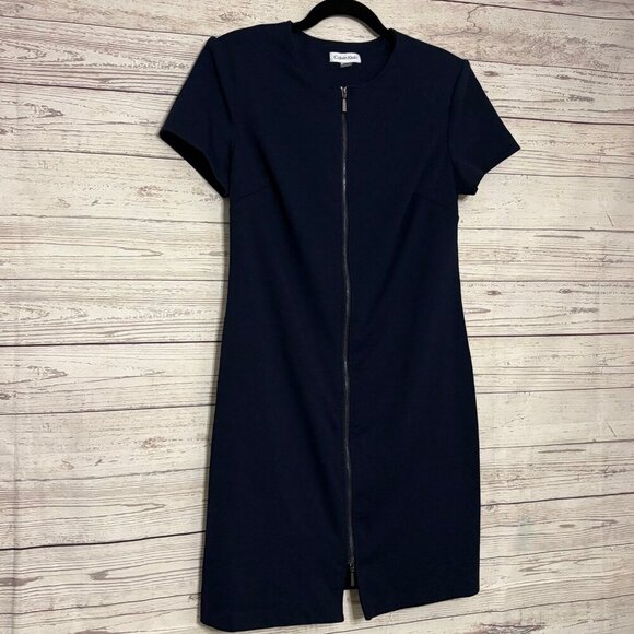 Calvin Klein navy Blue Zip Up Pencil Dress w Shoulder Pads Sz 8 - Picture 2 of 7